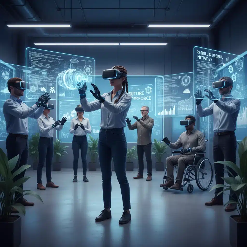 Diverse individuals participating in a virtual reality training session for skill development.