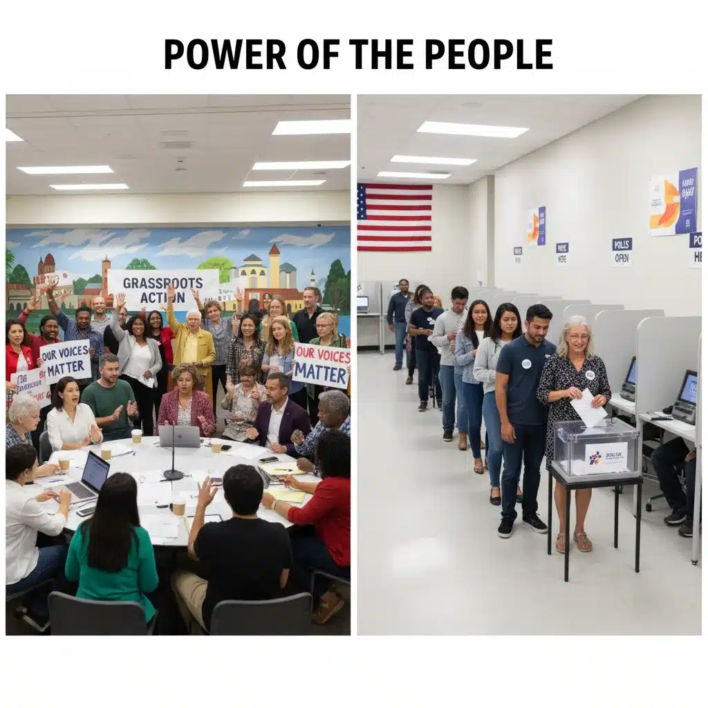 Diverse voters engaging in political discourse and casting ballots, symbolizing grassroots impact.
