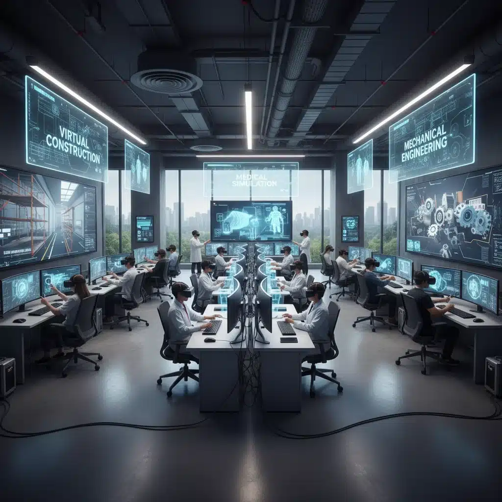 Diverse vocational students engaged in various VR training modules within a modern learning center.