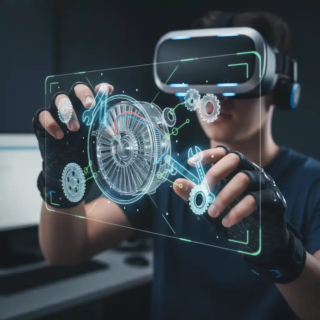 Student performing virtual welding training with VR headset and haptic feedback gloves.