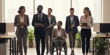 Professionals moving in a modern office, symbolizing workforce mobility and career changes.