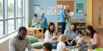 Parents and children happily interacting in a modern child care center, representing accessible child care subsidies.