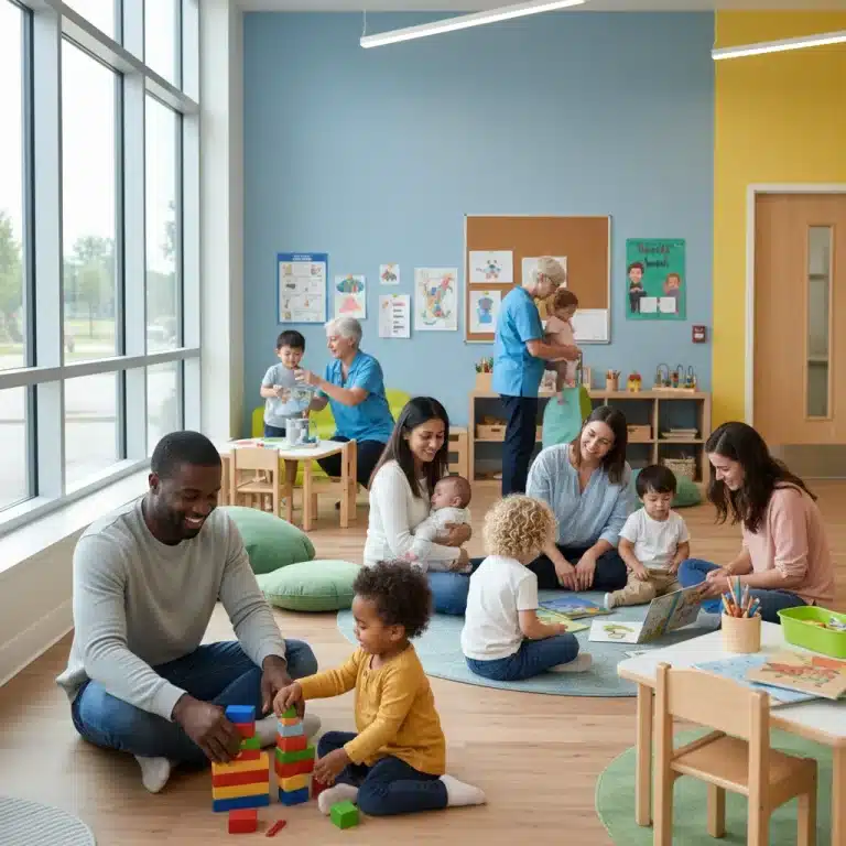 Parents and children happily interacting in a modern child care center, representing accessible child care subsidies.