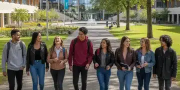 Diverse students on a vibrant university campus, discussing future plans