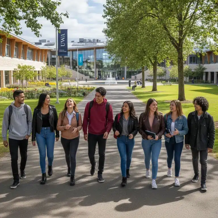 Diverse students on a vibrant university campus, discussing future plans