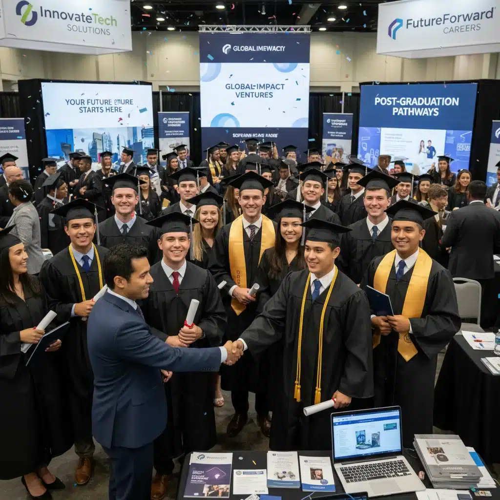 Recent college graduates at a career fair, interacting with recruiters