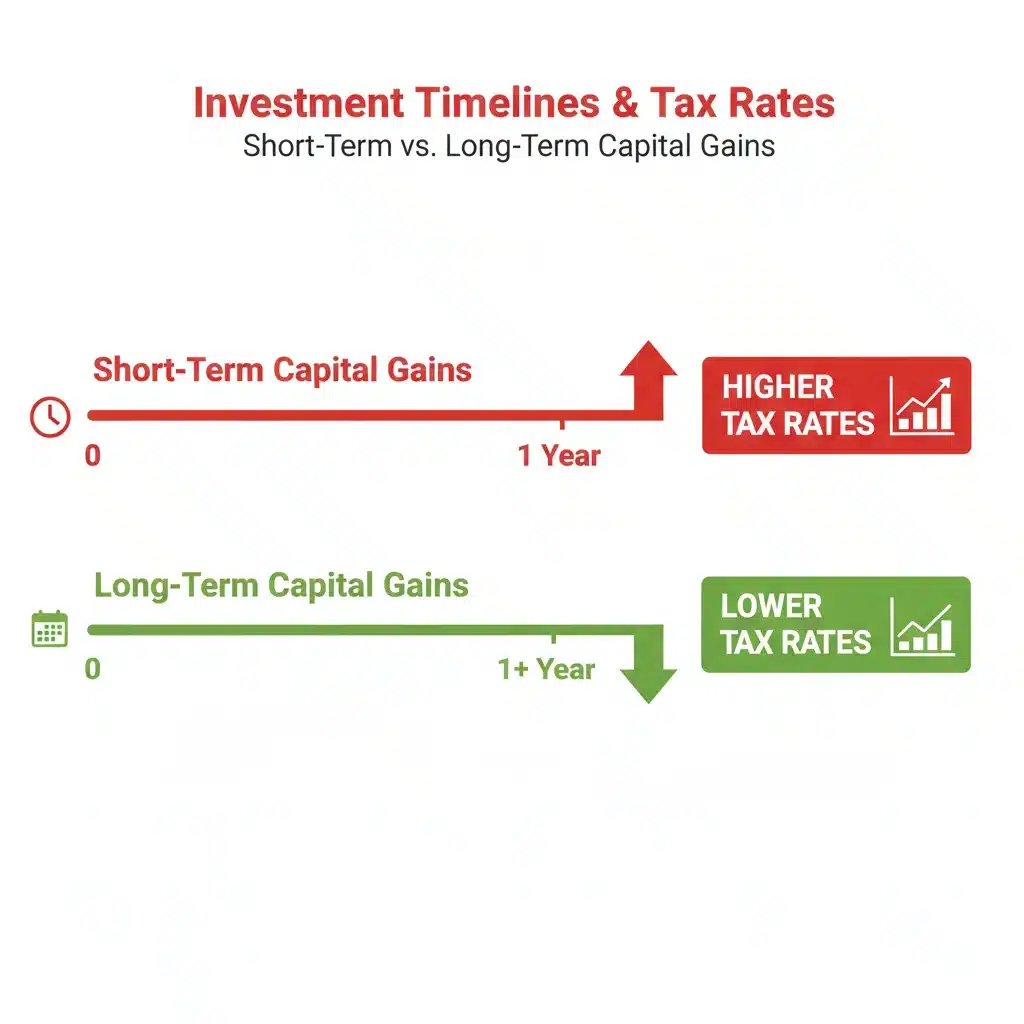 Comparison of short-term versus long-term capital gains tax rates and holding periods.