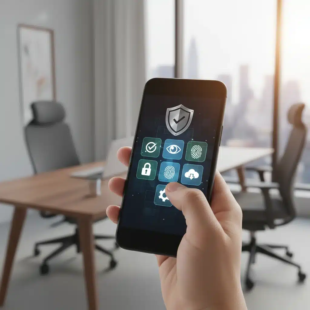 Hand holding smartphone displaying privacy settings icons