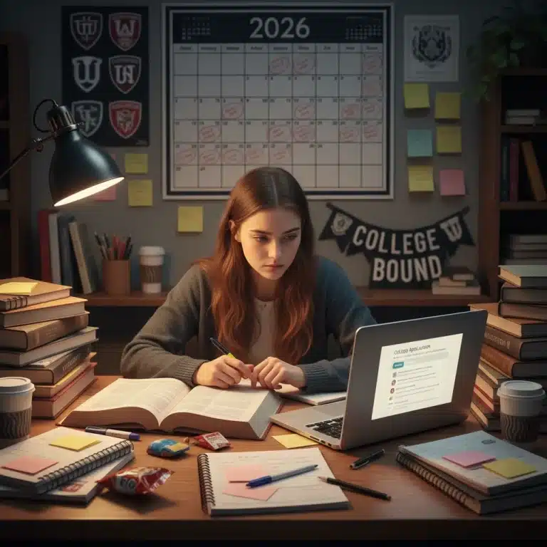 Student studying for college admissions tests with determination