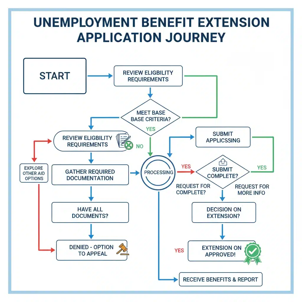 Flowchart depicting unemployment extension application process and eligibility