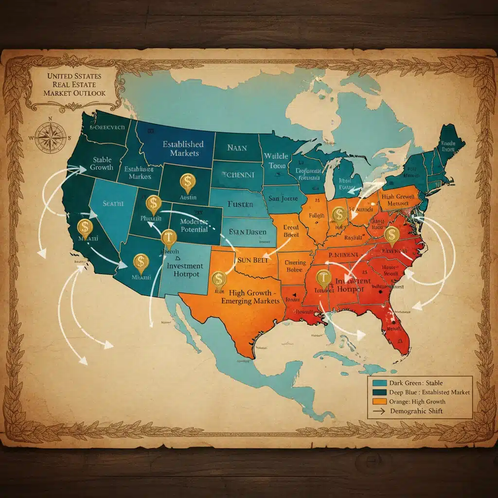 Map of the United States showing emerging real estate markets and demographic shifts.