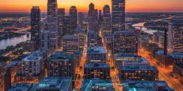 Modern city skyline at dusk with financial charts overlay, representing U.S. real estate investment opportunities in 2026.
