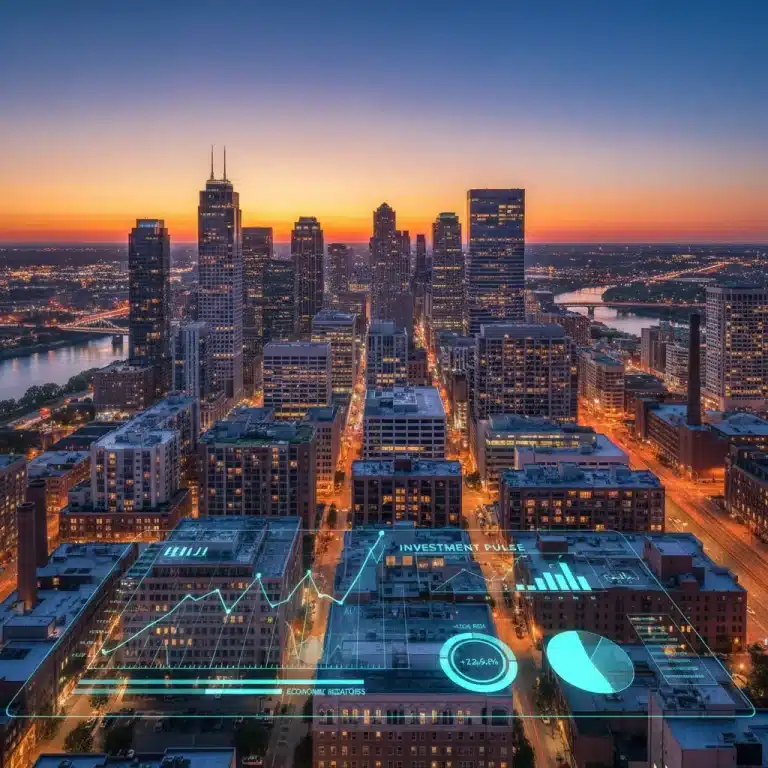 Modern city skyline at dusk with financial charts overlay, representing U.S. real estate investment opportunities in 2026.