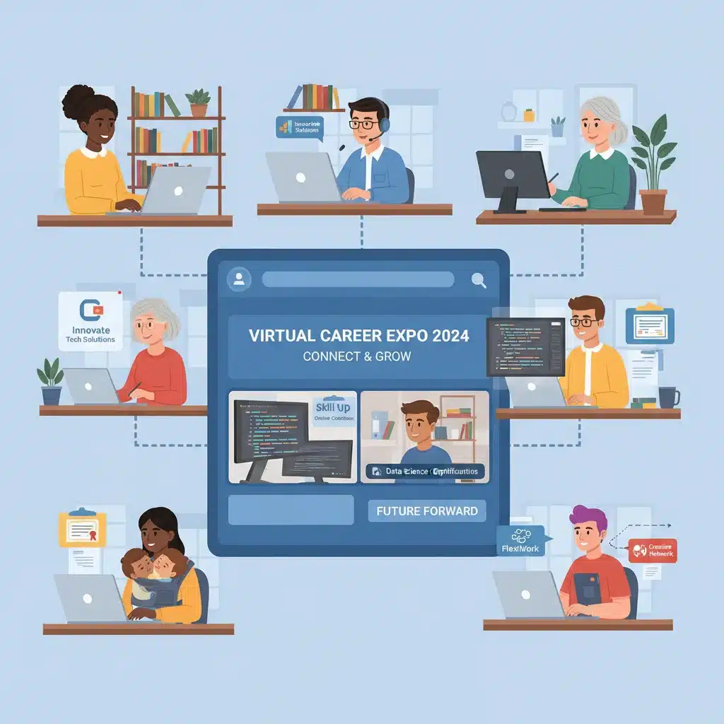 Individuals participating in virtual job fair for re-employment opportunities